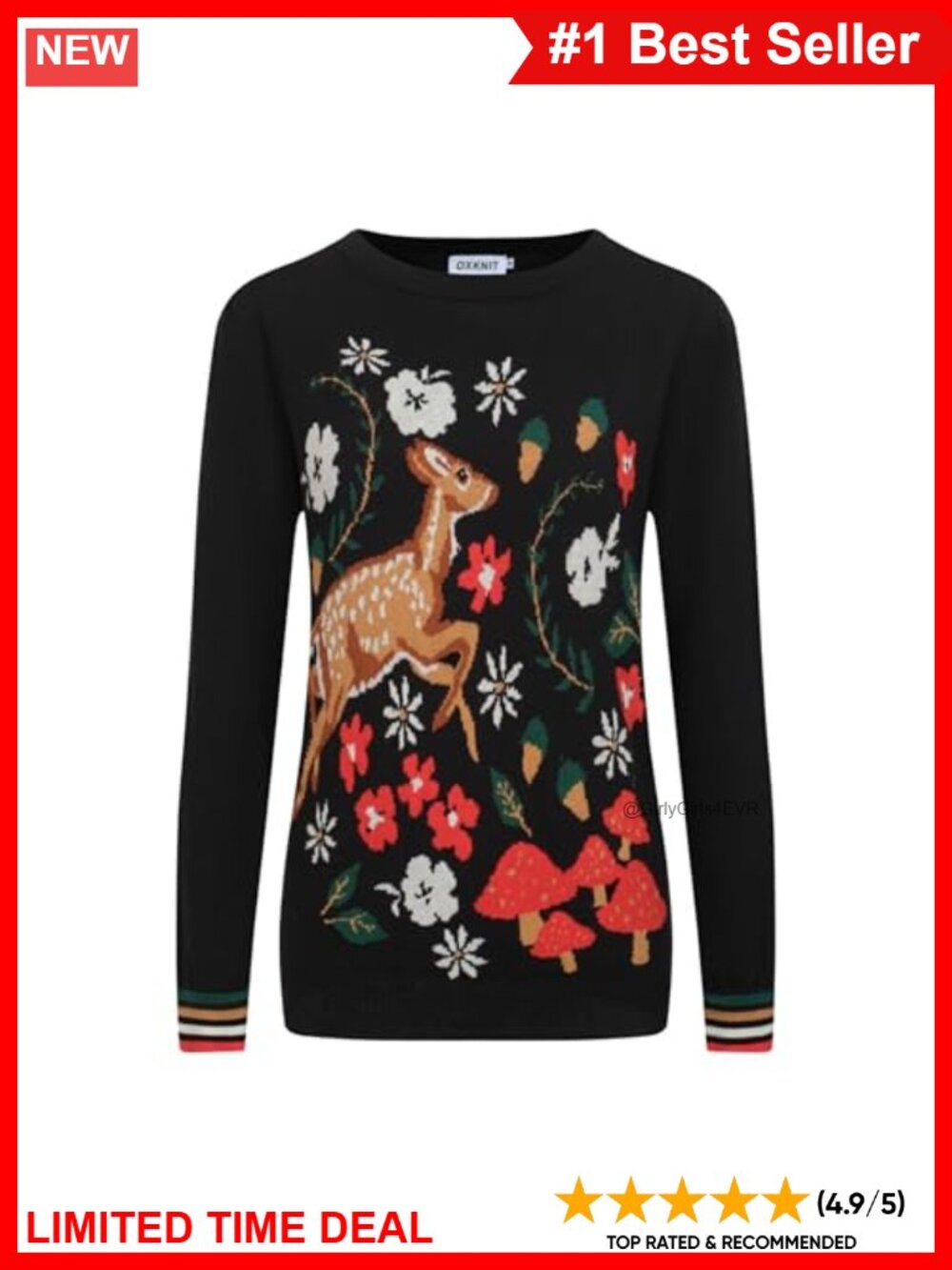 Women's Long Sleeve Crewneck Knit T-Shirt Deer Pattern Casual Top